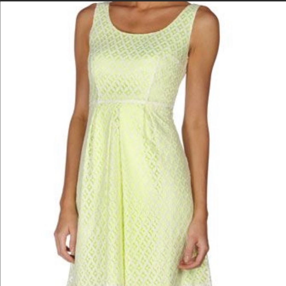 Tahari bright neon green white lace overlay dress